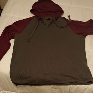 Men's Two-Tone Hooded Raglan Shirt - Gray Body with Burgundy Sleeves